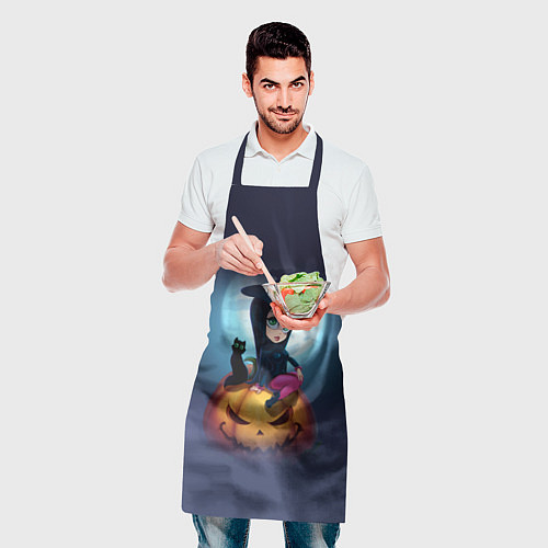 Фартук Маленькая прикольная ведьмочка с милым котёнком / 3D-принт – фото 2