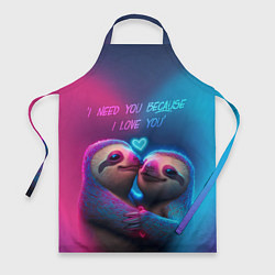 Фартук Влюбленные ленивцы обнимаются на фоне неонового се