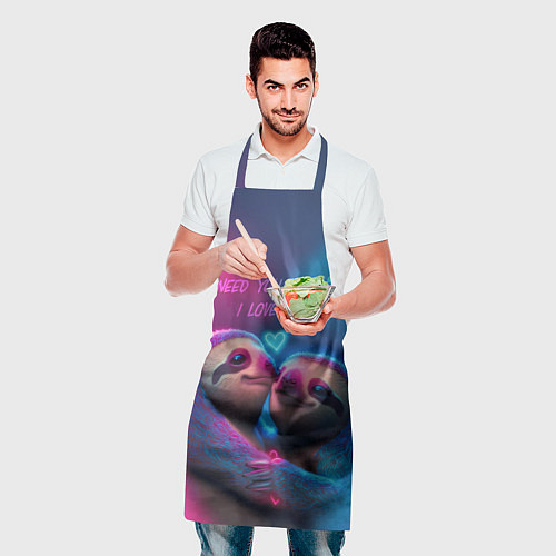 Фартук Влюбленные ленивцы обнимаются на фоне неонового се / 3D-принт – фото 2