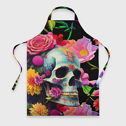 Фартук кулинарный Skull on a background of flowers - irezumi, цвет: 3D-принт
