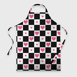 Фартук кулинарный Розовые сердечки на фоне шахматной черно-белой дос, цвет: 3D-принт