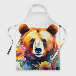 Фартук кулинарный Морда медведя гризли с цветами акварелью, цвет: 3D-принт