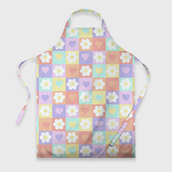 Фартук кулинарный Сердечки и цветочки в пастельных квадратах, цвет: 3D-принт