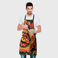 Фартук кулинарный Хохломская роспись красно-жёлтые цветы на чёрном ф, цвет: 3D-принт — фото 2