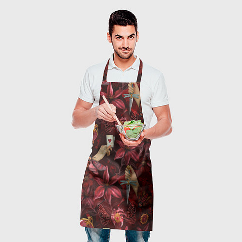 Фартук Бордовая готика с сердцем, лилиями и мотыльками / 3D-принт – фото 2