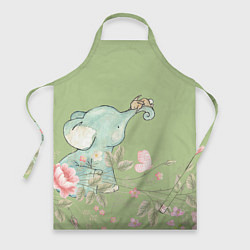 Фартук кулинарный Слоненок с зайчиком в цветах на зеленом, цвет: 3D-принт