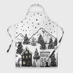 Фартук кулинарный Заснеженный черно-белый город, цвет: 3D-принт