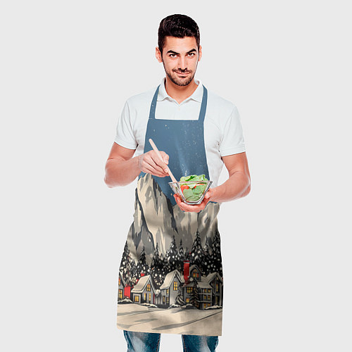 Фартук Небольшой новогодний город в горах / 3D-принт – фото 2