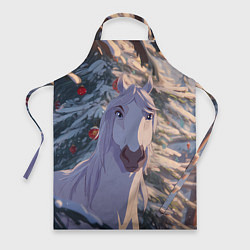 Фартук кулинарный Белая лошадь на фоне елки, цвет: 3D-принт