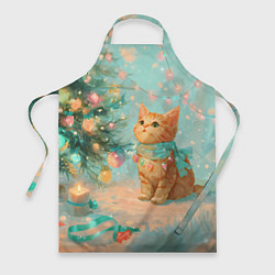 Фартук кулинарный Милый рыжий котенок любуется елкой, цвет: 3D-принт