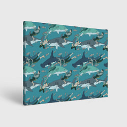 Холст прямоугольный Ныряльщики и акулы - паттерн, цвет: 3D-принт