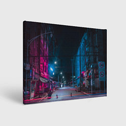 Холст прямоугольный Неоновая пустая улица города - Синий, цвет: 3D-принт