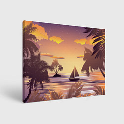 Холст прямоугольный Лодка в море на закате возле тропических островов, цвет: 3D-принт
