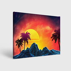 Холст прямоугольный Тропический остров на закате ретро иллюстрация, цвет: 3D-принт