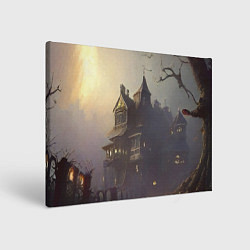 Холст прямоугольный Хэллоуин, дом с привидениями и полная луна, цвет: 3D-принт