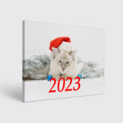 Холст прямоугольный Белый кот в шапочке деда мороза, цвет: 3D-принт