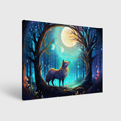 Холст прямоугольный Волк в ночном лесу в folk art стиле, цвет: 3D-принт