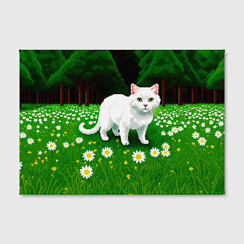 Картина прямоугольная Белый кот на лугу пиксель арт / 3D-принт – фото 2