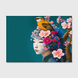 Холст прямоугольный Японка с птицей на фоне цветущей сакуры, цвет: 3D-принт — фото 2