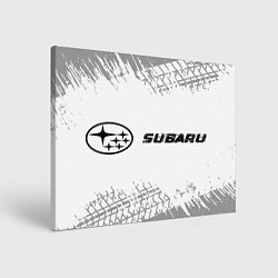 Холст прямоугольный Subaru speed на светлом фоне со следами шин: надпи, цвет: 3D-принт