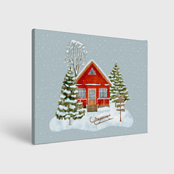 Холст прямоугольный Красный дом в зимнем лесу, цвет: 3D-принт