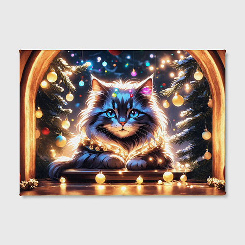Картина прямоугольная Кот с гирляндой среди новогодних украшений / 3D-принт – фото 2