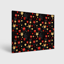 Холст прямоугольный Паттерн с сердечками и котами валентинка, цвет: 3D-принт