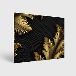 Холст прямоугольный Золотые объемные листья на черном фоне лепнина, цвет: 3D-принт