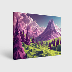 Холст прямоугольный Геометрический зеленый пейзаж и фиолетовые горы, цвет: 3D-принт