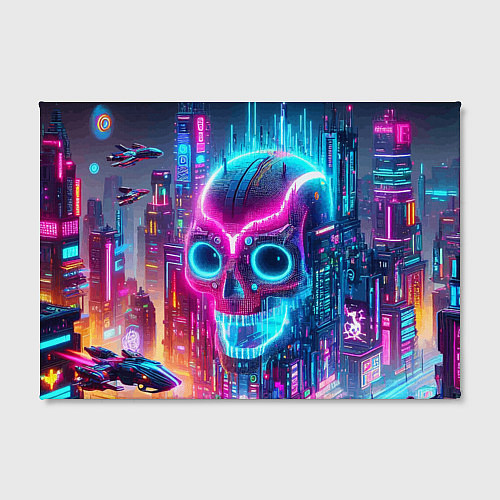 Картина прямоугольная Neon skull in metropolis - future / 3D-принт – фото 2