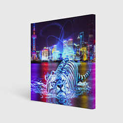 Холст квадратный Плывущий неоновый тигр, цвет: 3D-принт