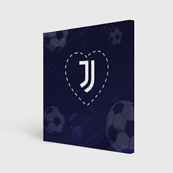 Холст квадратный Лого Juventus в сердечке на фоне мячей, цвет: 3D-принт