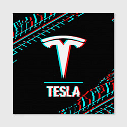 Холст квадратный Значок Tesla в стиле Glitch на темном фоне, цвет: 3D-принт — фото 2