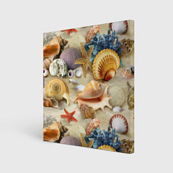 Холст квадратный Морские раковины, кораллы, морские звёзды на песке, цвет: 3D-принт