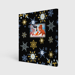 Холст квадратный Новый год мишка и зайчик играют в хоккей, цвет: 3D-принт
