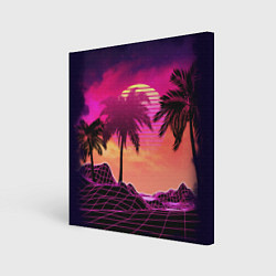 Холст квадратный Пальмы и пляж в розовом закате ретро дизайн, цвет: 3D-принт