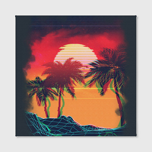 Картина квадратная Пальмы и пляж на закате с помехами VHS ретро дизай / 3D-принт – фото 2