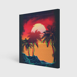 Холст квадратный Пальмы и пляж на закате с помехами VHS ретро дизай, цвет: 3D-принт