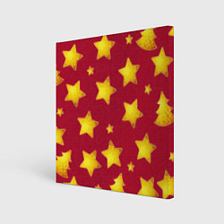 Холст квадратный Золотые звезды и елки на красном, цвет: 3D-принт