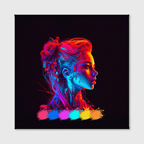 Картина квадратная Нейросеть - девушка киборг в неоновом свечении / 3D-принт – фото 2