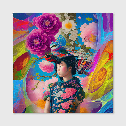 Картина квадратная Девочка с птицами среди цветов - мскусство / 3D-принт – фото 2