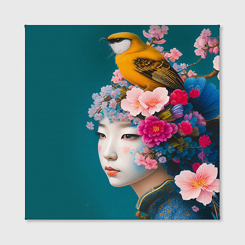 Картина квадратная Японка с птицей на фоне цветущей сакуры / 3D-принт – фото 2