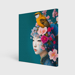 Картина квадратная Японка с птицей на фоне цветущей сакуры