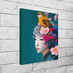 Холст квадратный Японка с птицей на фоне цветущей сакуры, цвет: 3D-принт — фото 2