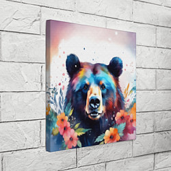 Холст квадратный Портрет медведя гризли с цветами акварелью, цвет: 3D-принт — фото 2
