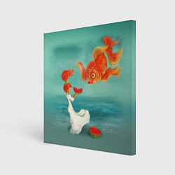 Холст квадратный Девочка с арбузом и золотая рыбка, цвет: 3D-принт