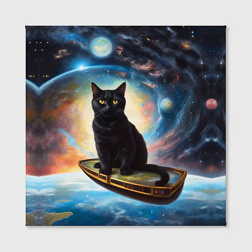 Картина квадратная Черный кот на космическом корабле летящий в космос / 3D-принт – фото 2