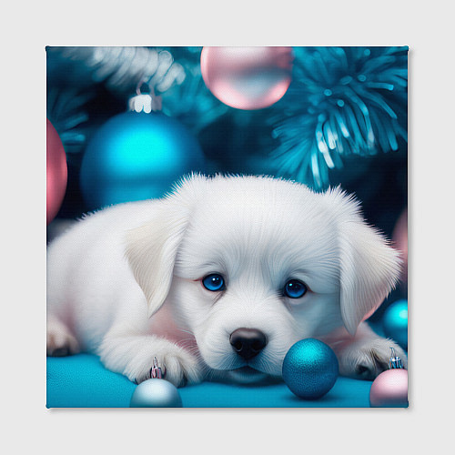 Картина квадратная Белый щенок с розовыми и голубыми шариками / 3D-принт – фото 2