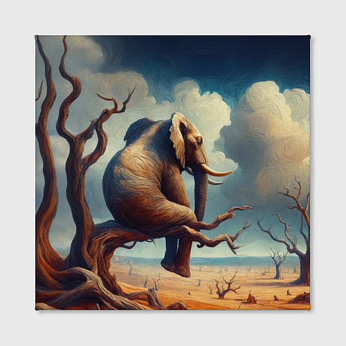 Картина квадратная Слон сидит на ветке дерева в пустыне / 3D-принт – фото 2