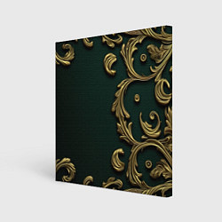 Холст квадратный Лепнина золотые узоры на зеленой ткани, цвет: 3D-принт
